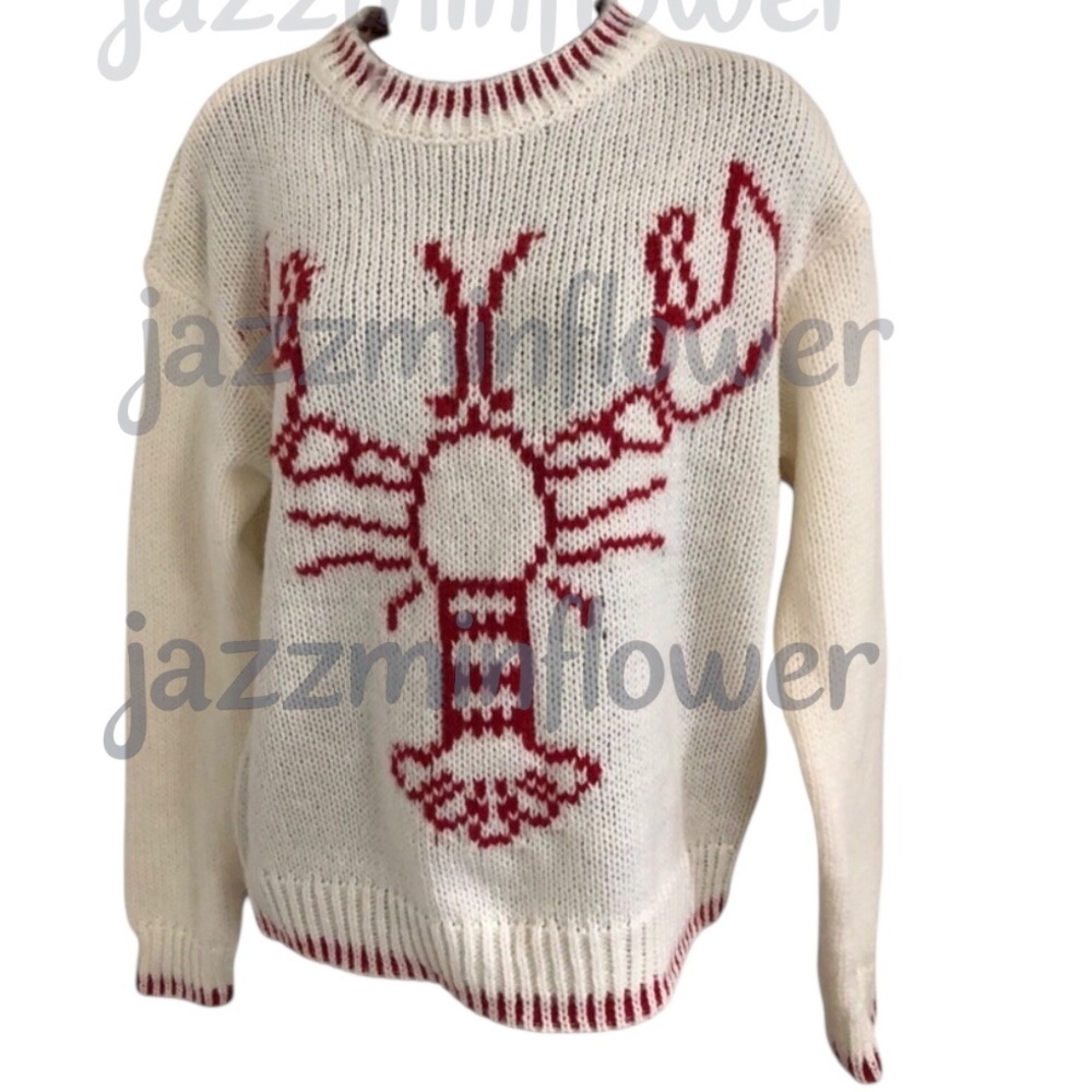Offwhite red whipstitch style trim lobster print chunky knit sweater size XS new